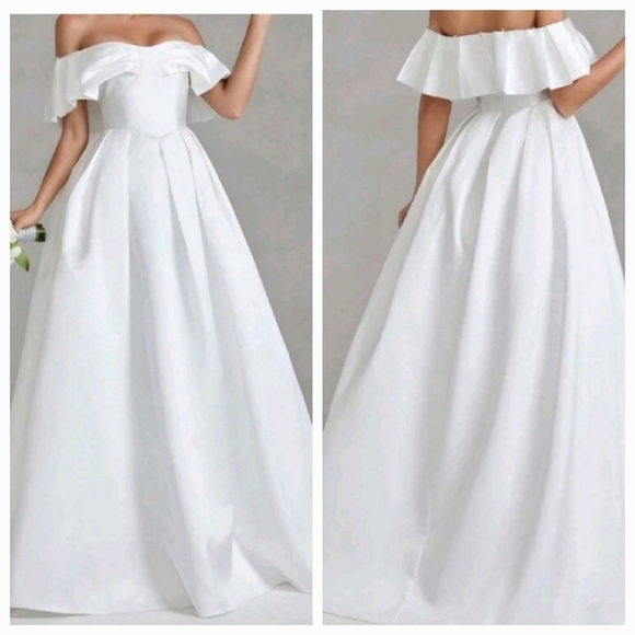 White, Off The Shoulder,  Short Sleeve,ALine,Wedding Gown - Picture 1 of 10